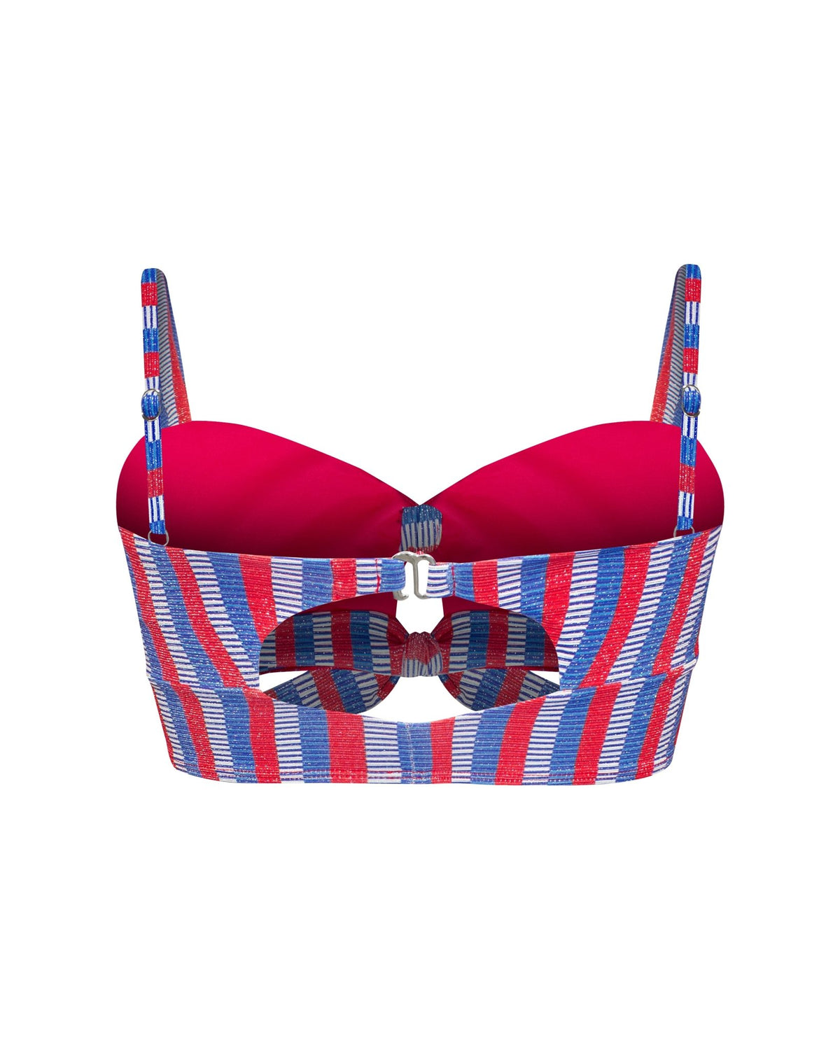 A women's bralette-style bikini top with bright red lined molded cups with removable padding in a patriotic vertically striped pattern of red, white, and blue. Adjustable straps, silver hardware, front and back cutouts, and a double tie knot in the front.