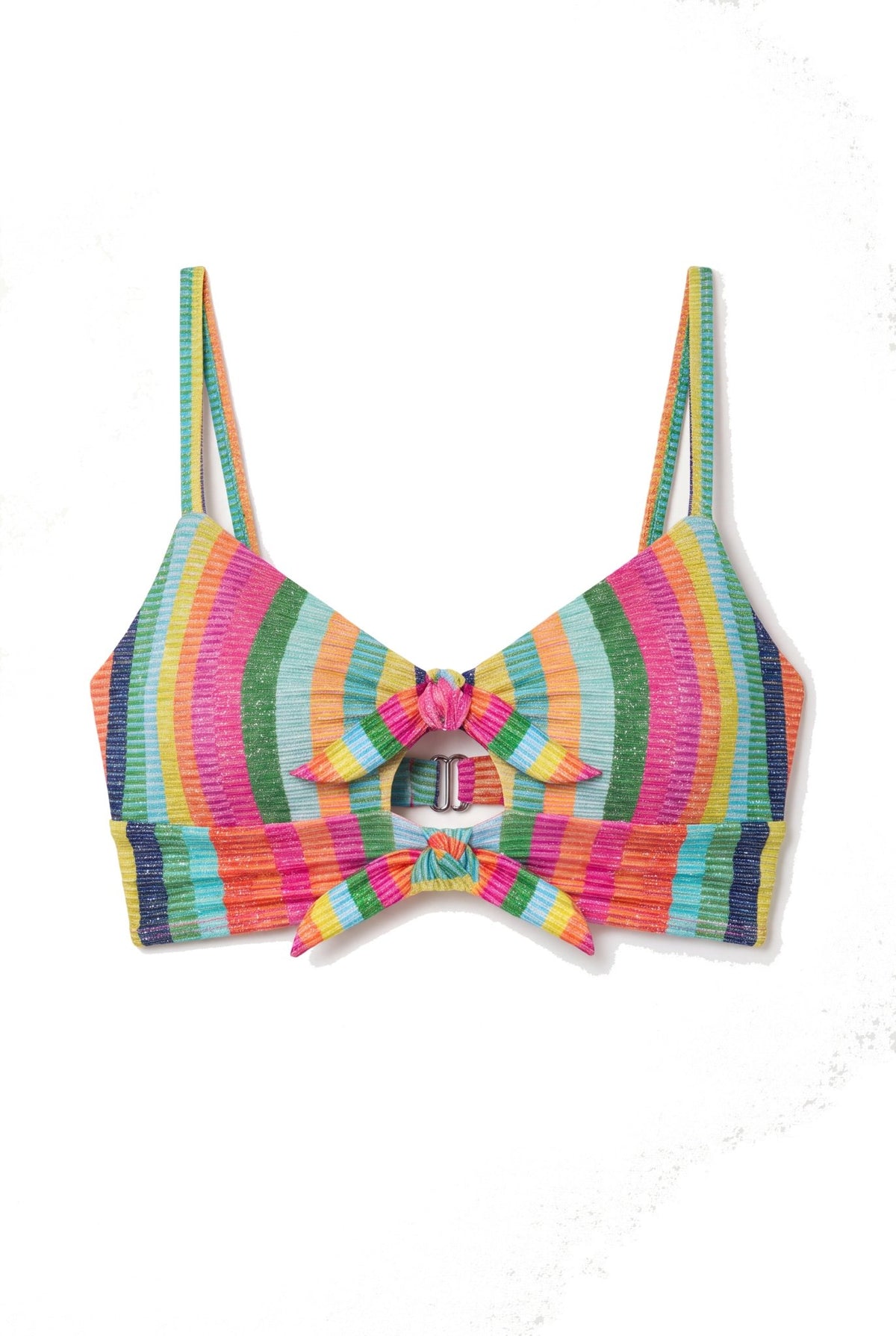Vertically striped rainbow bright fabric with a shine bralette bikini top with double tie center bows and removable pads.