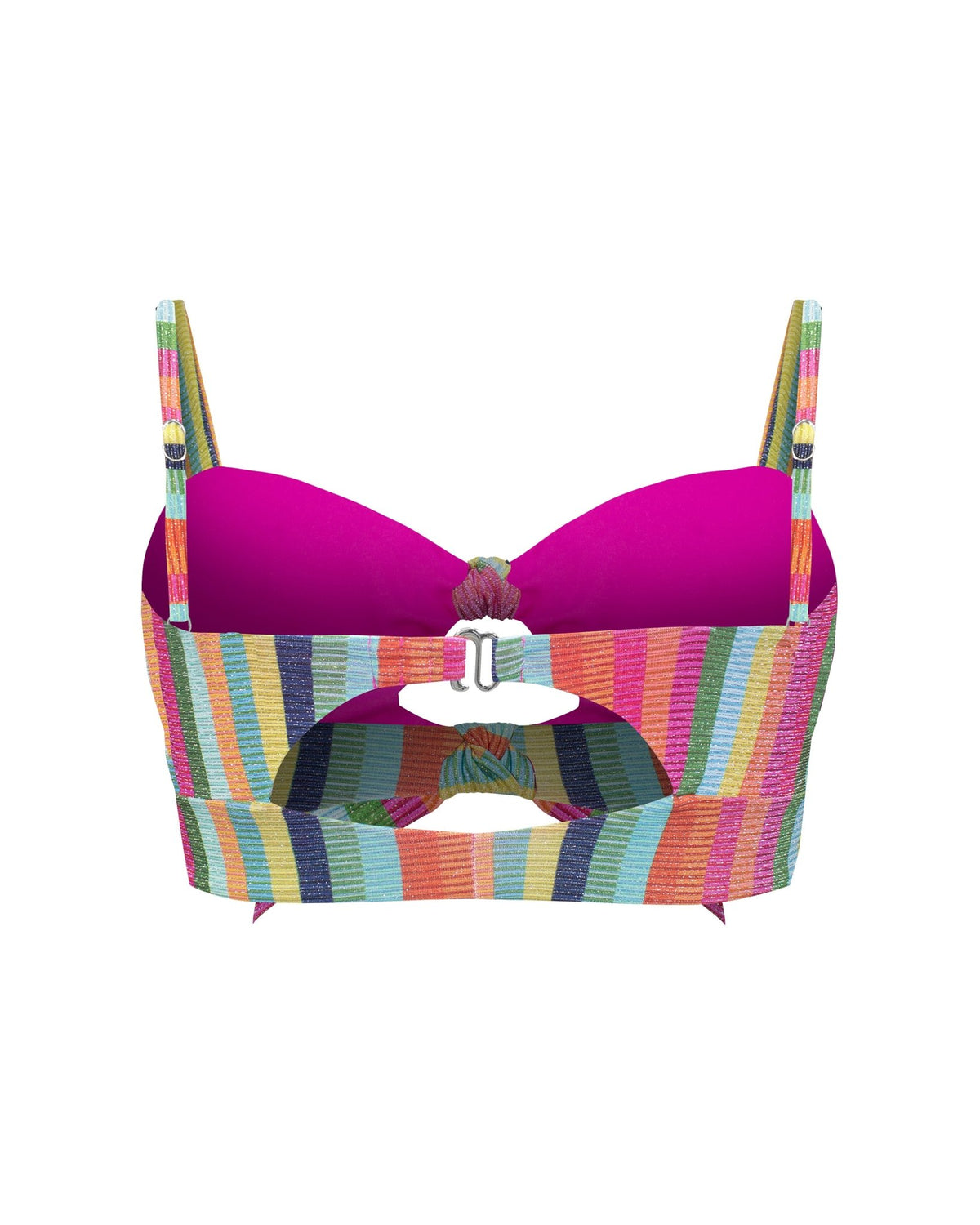 A vibrant bralette bikini top featuring bright magenta pink lined cups and a multicolored vertically pattern with adjustable straps, removable padding, and a fixed back strap with an adjustable back strap.