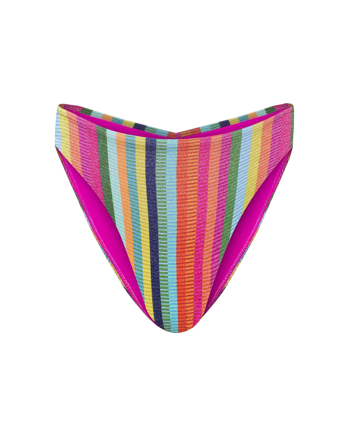 A pair of women's cheeky bikini bottoms featuring a vibrant multicolor vertical stripe pattern of yellow, pink, orange, green, blue, paired with a hot pink inner lining.