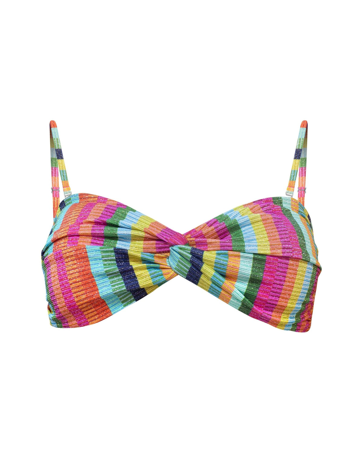 A colorful rainbow vertically striped strapless bandeau bikini top with a twisted front detail , removable pads, and thin adjustable and removable shoulder straps, shown from the front.