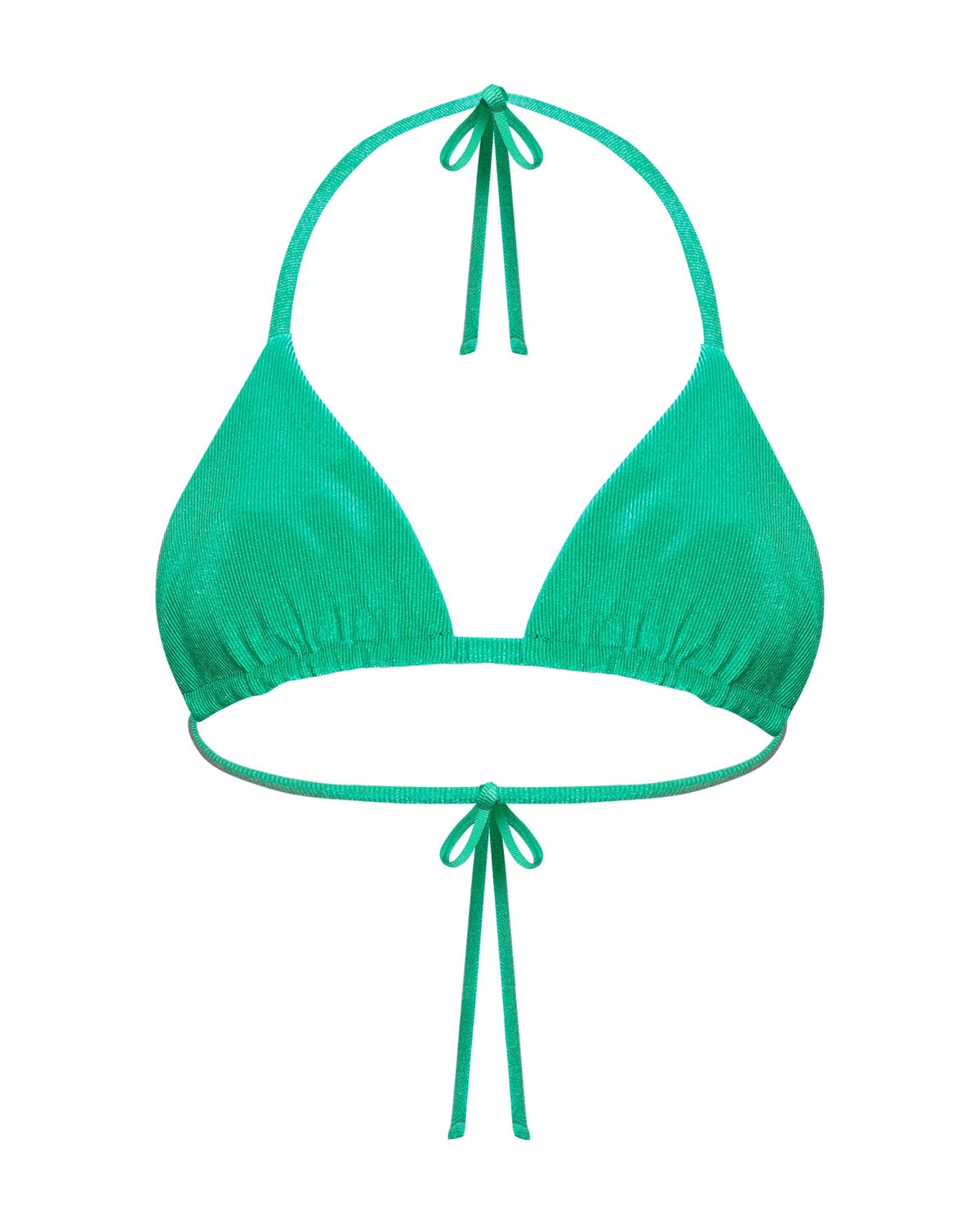 An emerald green halter-style triangle string bikini top with a textured ribbed shimmery fabric, featuring adjustable tie straps at the top behind the neck and underbust at the back. No openings for padding and triangles are fully adjustable.