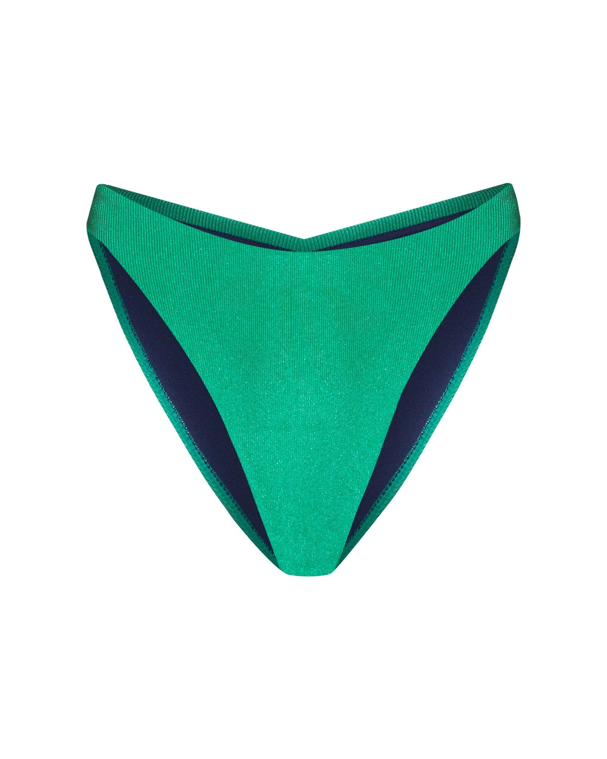 Emerald green cheeky bikini bottoms shown from the front with a navy blue interior liner and ribbed textured fabric with a shine to it and the back seam has ruched detailing.