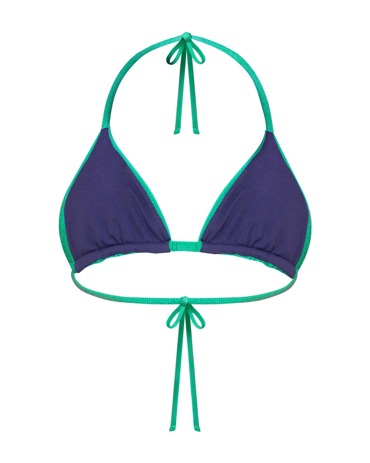 An emerald green halter-style string bikini triangle top with adjustable ties at the neck and back, shown front view. No openings for padding and fully adjustable triangles lined in navy blue.