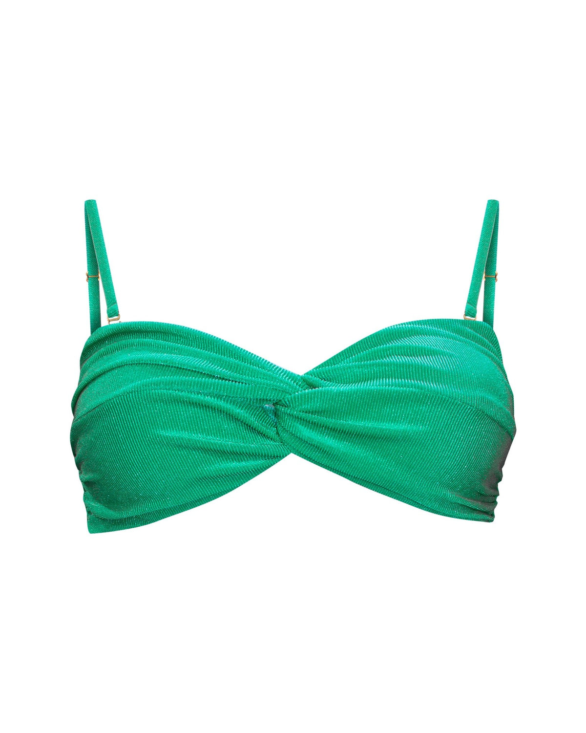 An emerald green ribbed bikini top with a twisted front detail and adjustable, removable thin shoulder straps, with gold hardware shown from the front.