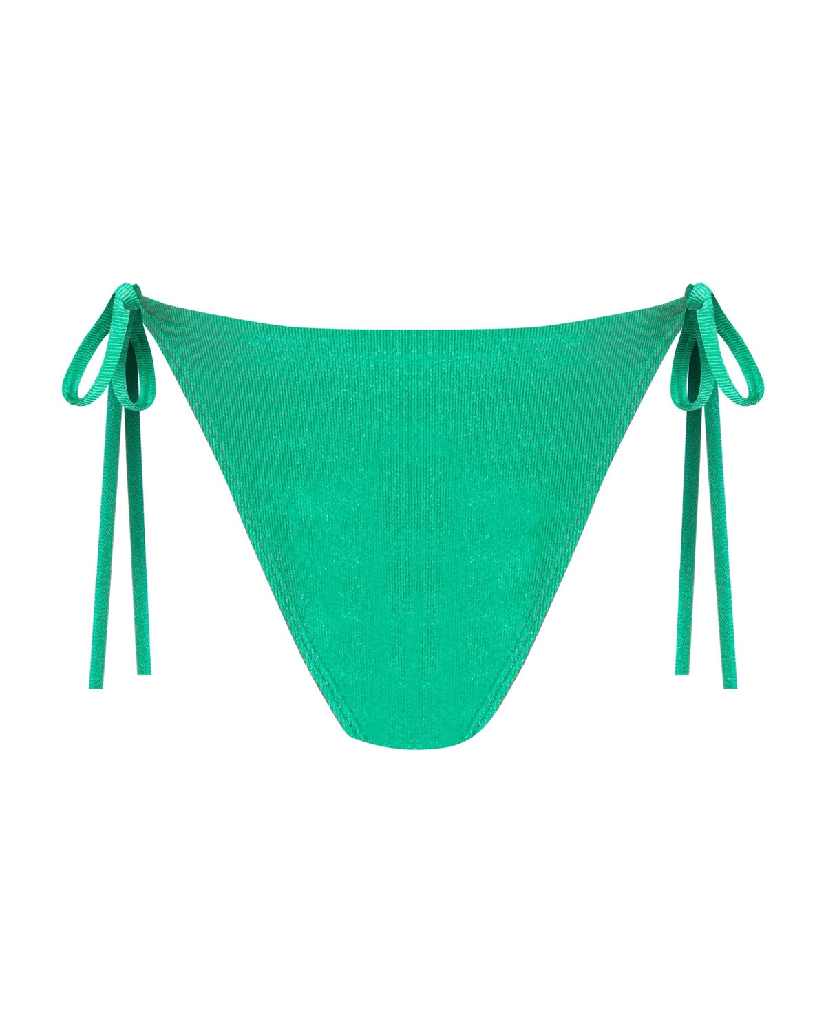 Emerald green string bikini cheeky high-waisted bottoms with a high-hip and adjustable side-ties shown in ribbed textured fabric with a subtle shine.