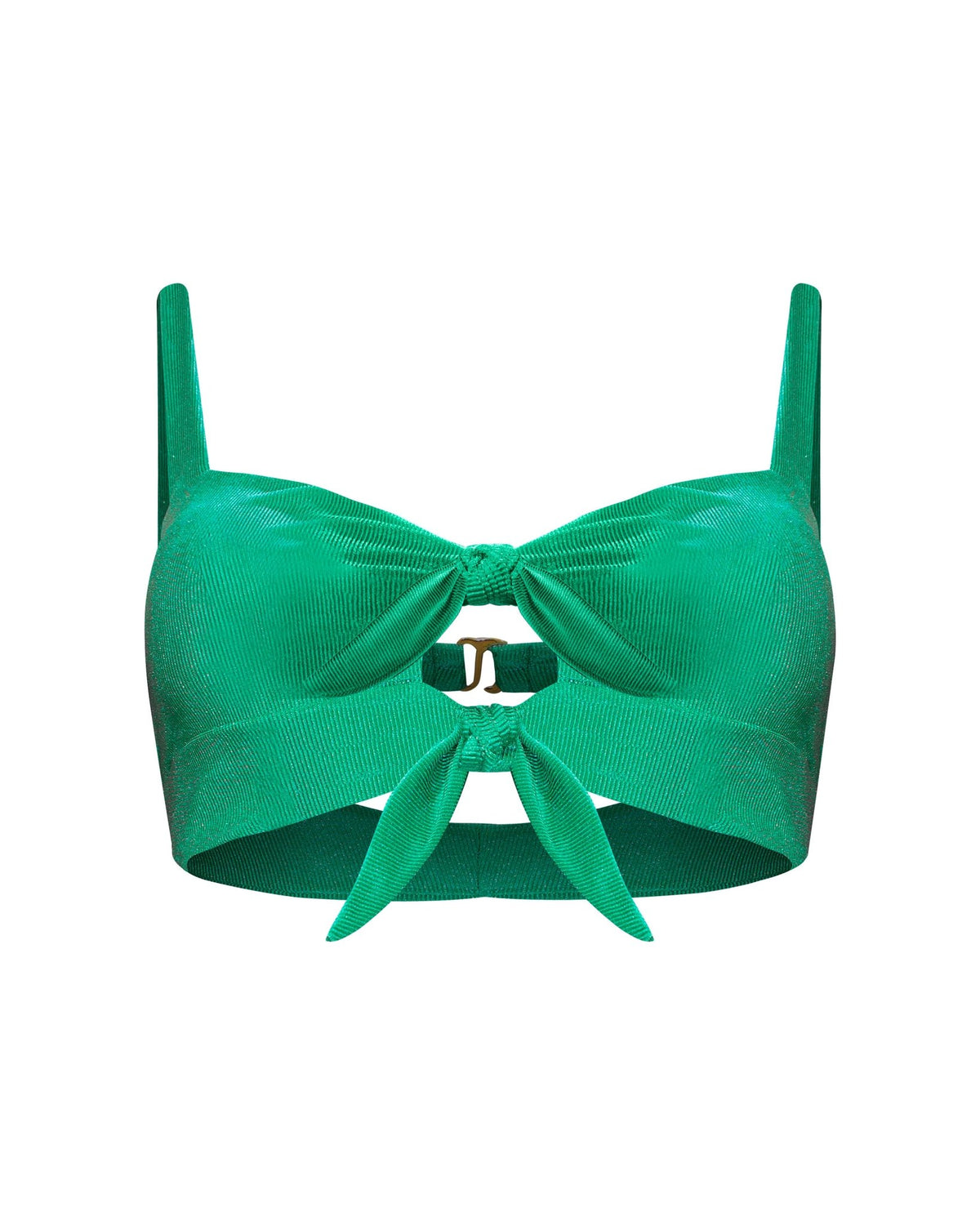 An emerald green ribbed bralette bikini top with a double tie front knot center with cutouts in the front and back, gold hardware, adjustable shoulder straps with removable padding and two back straps, one fixed and one adjustable shown from the frontal view.