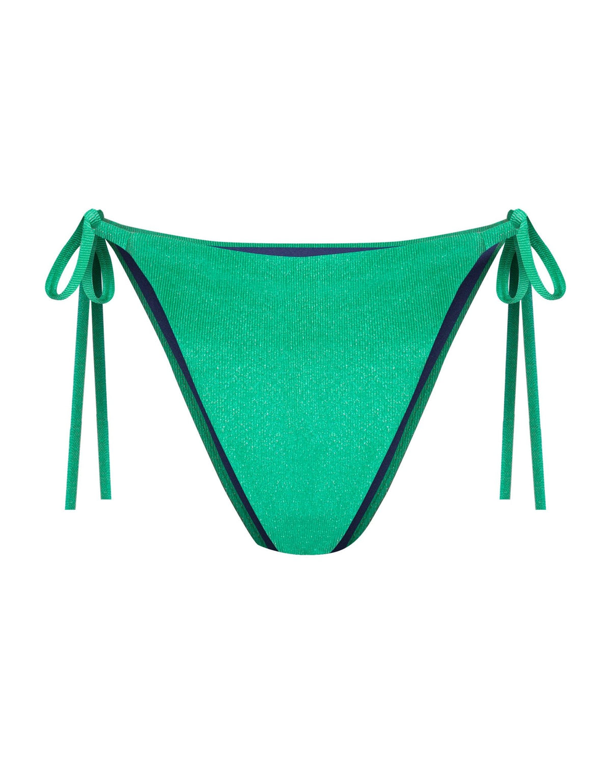 Emerald green string bikini bottoms with adjustable tie-sides, cheeky coverage, ribbed textured with shine fabric, a high-waist and high-hip, shown from the front.