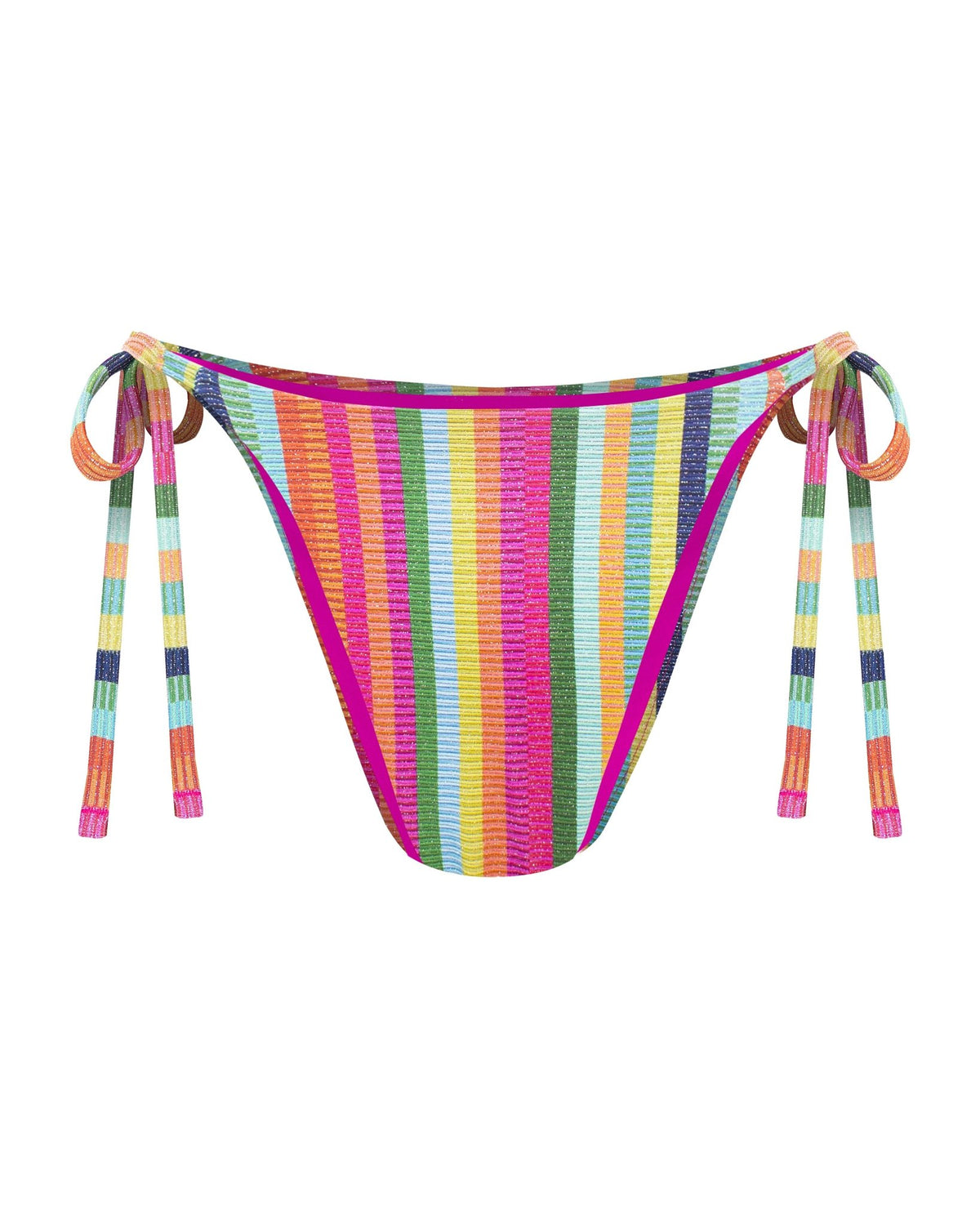 A high-rise, high-waisted cheeky string bikini bottom with adjustable side-ties in a vertical stripe print pattern in gemstone colors of blue, pink, orange, yellow, and green shown from the front.