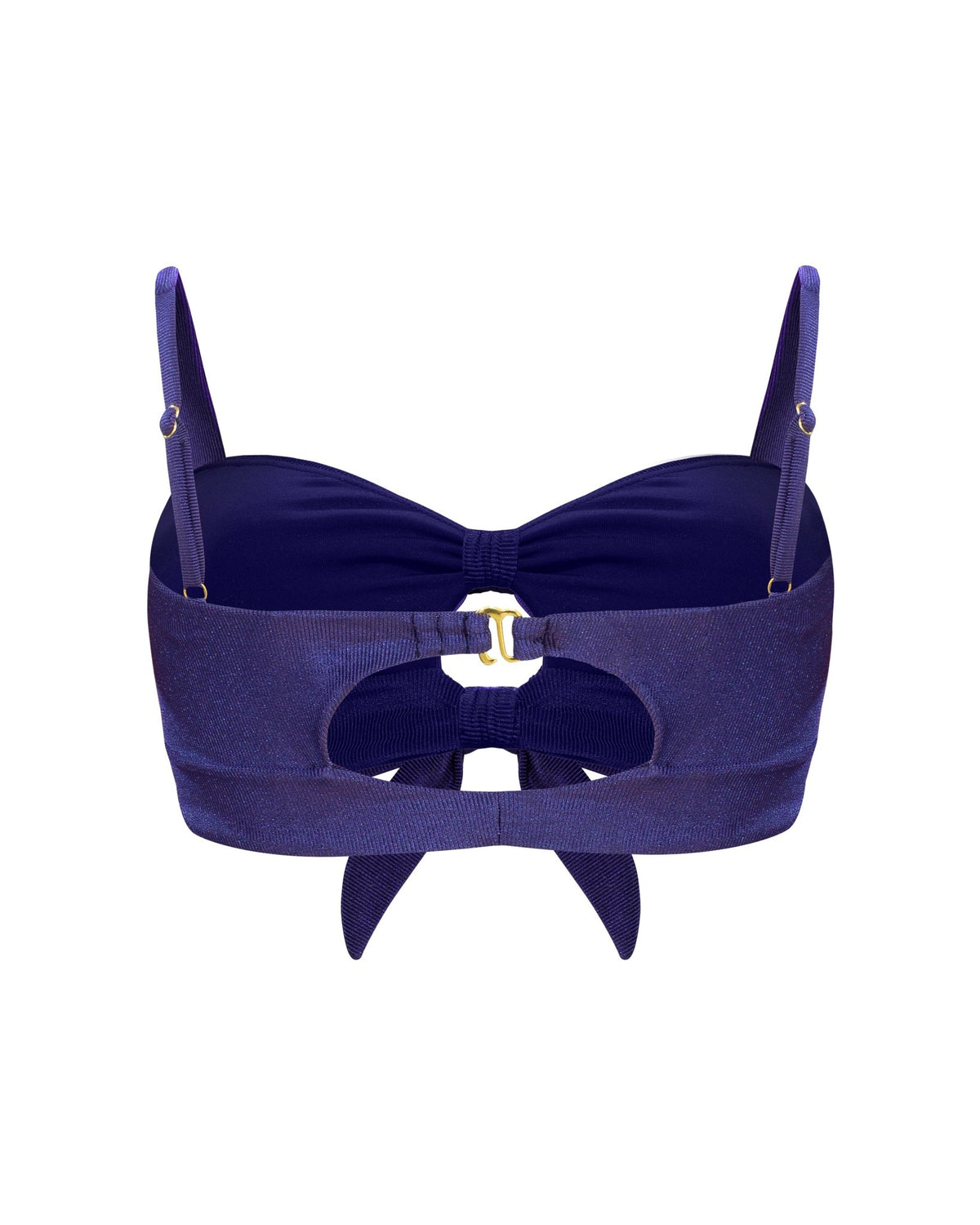 A navy blue ribbed shiny bralette bikini top with a double tie front knot center with cutouts in the front and back, gold hardware, adjustable shoulder straps with removable padding and two back straps, one fixed and one adjustable all shown from the back view.