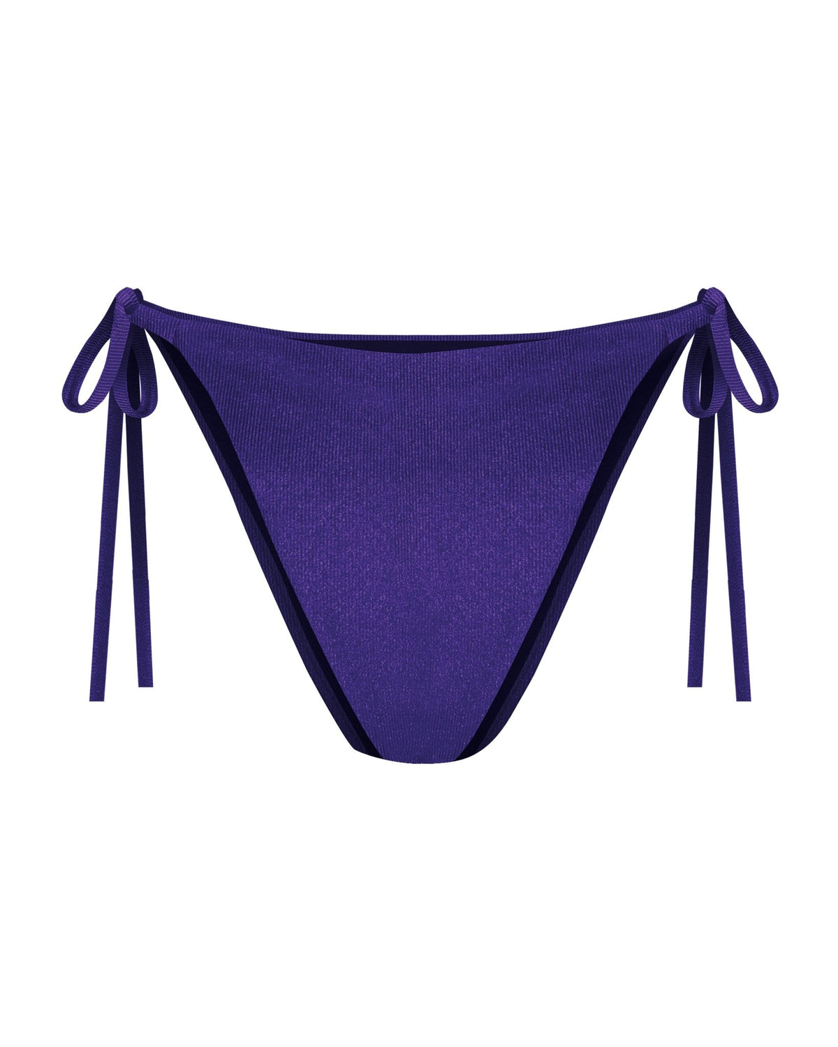 Ribbed texture with shine string bikini adjustable tie-side cheeky bottoms, high-waisted.