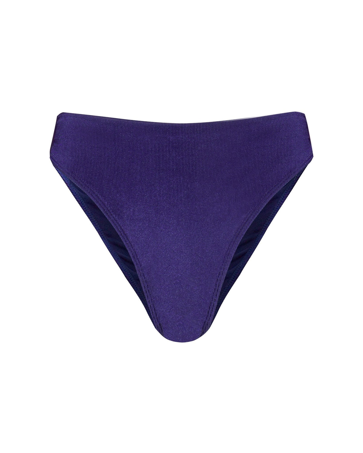 Navy blue ribbed textured high-waisted bikini bottoms with cheeky coverage and a French cut