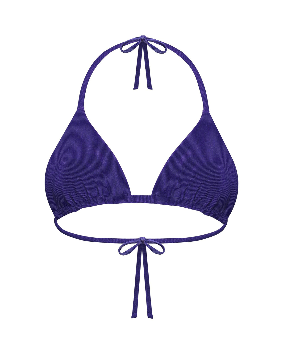 A navy blue halter triangle string bikini top with a ribbed texture and shimmer, featuring adjustable tie straps at the top behind the neck and underbust at the back, no opening for padding and triangles are fully adjustable.