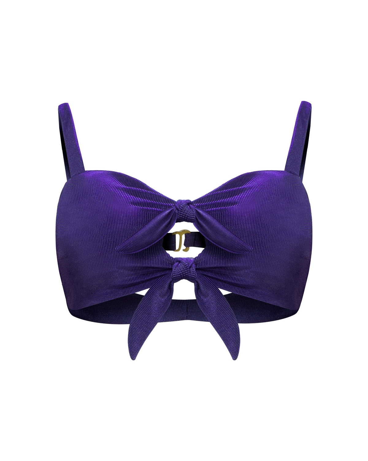 A navy blue ribbed bralette bikini top with a double tie front knot center with cutouts in the front and back, gold hardware, adjustable shoulder straps with removable padding and two back straps, one fixed and one adjustable.