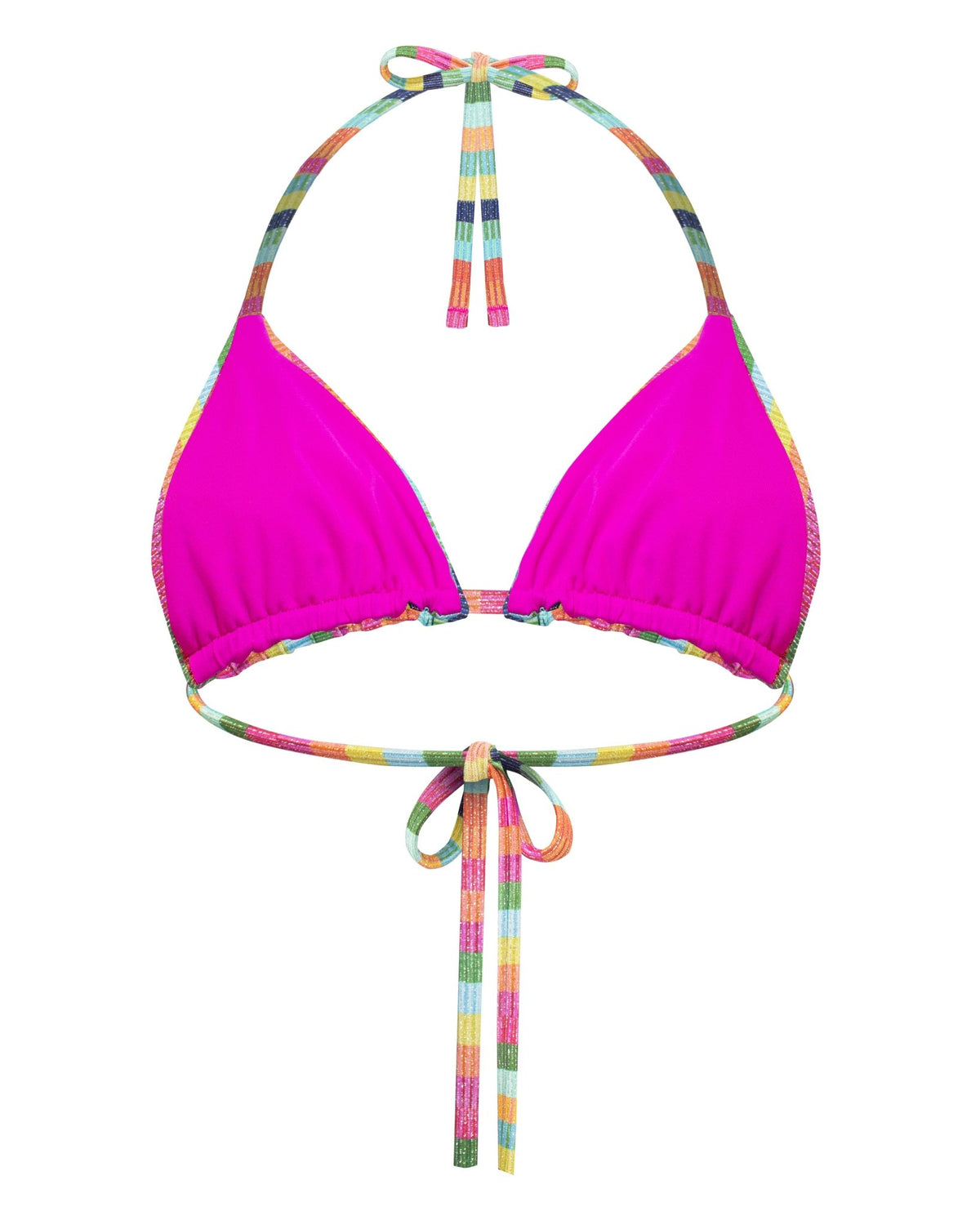 A colorful vertically striped string bikini triangle top lined with hot pink, no openings for padding, fully adjustable triangles and ties that tie at back of neck and underbust on back.