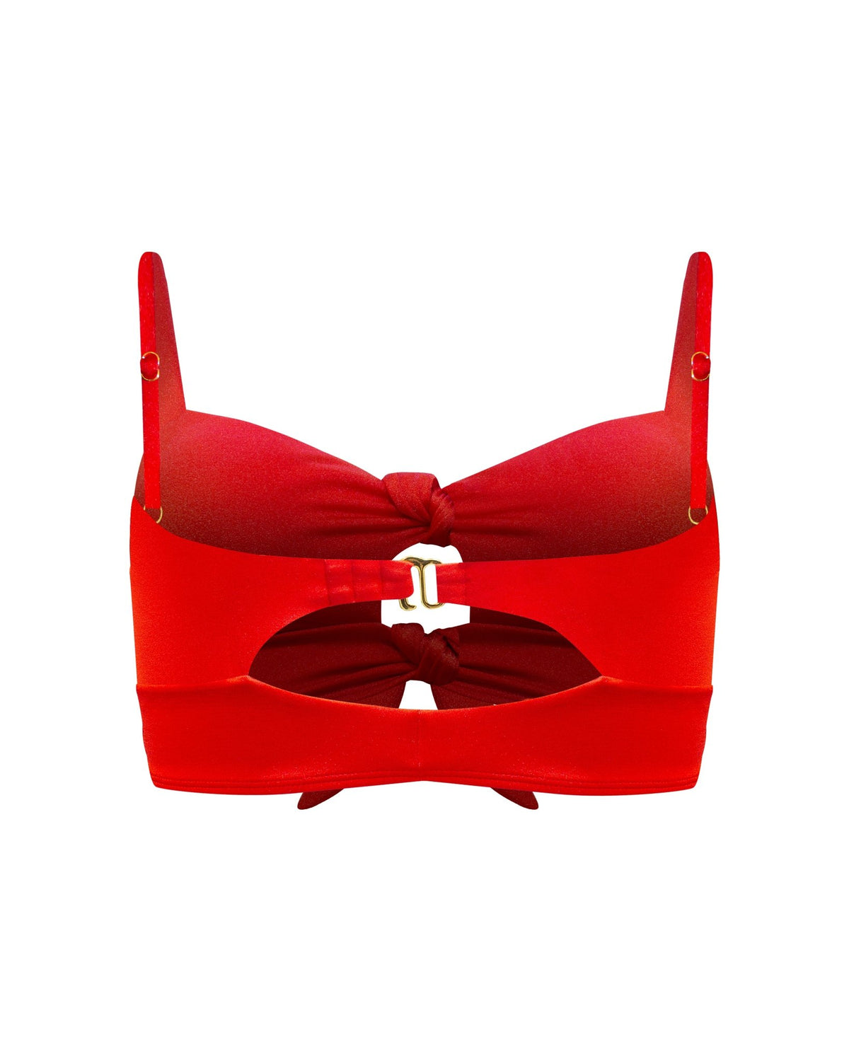 A bright red with a slight shine bralette cutout bikini top with a two front knot detail and double strap in the back, one fixed and one adjustable, shown from the back view. Gold hardware, removable pads, and adjustable shoulder straps.