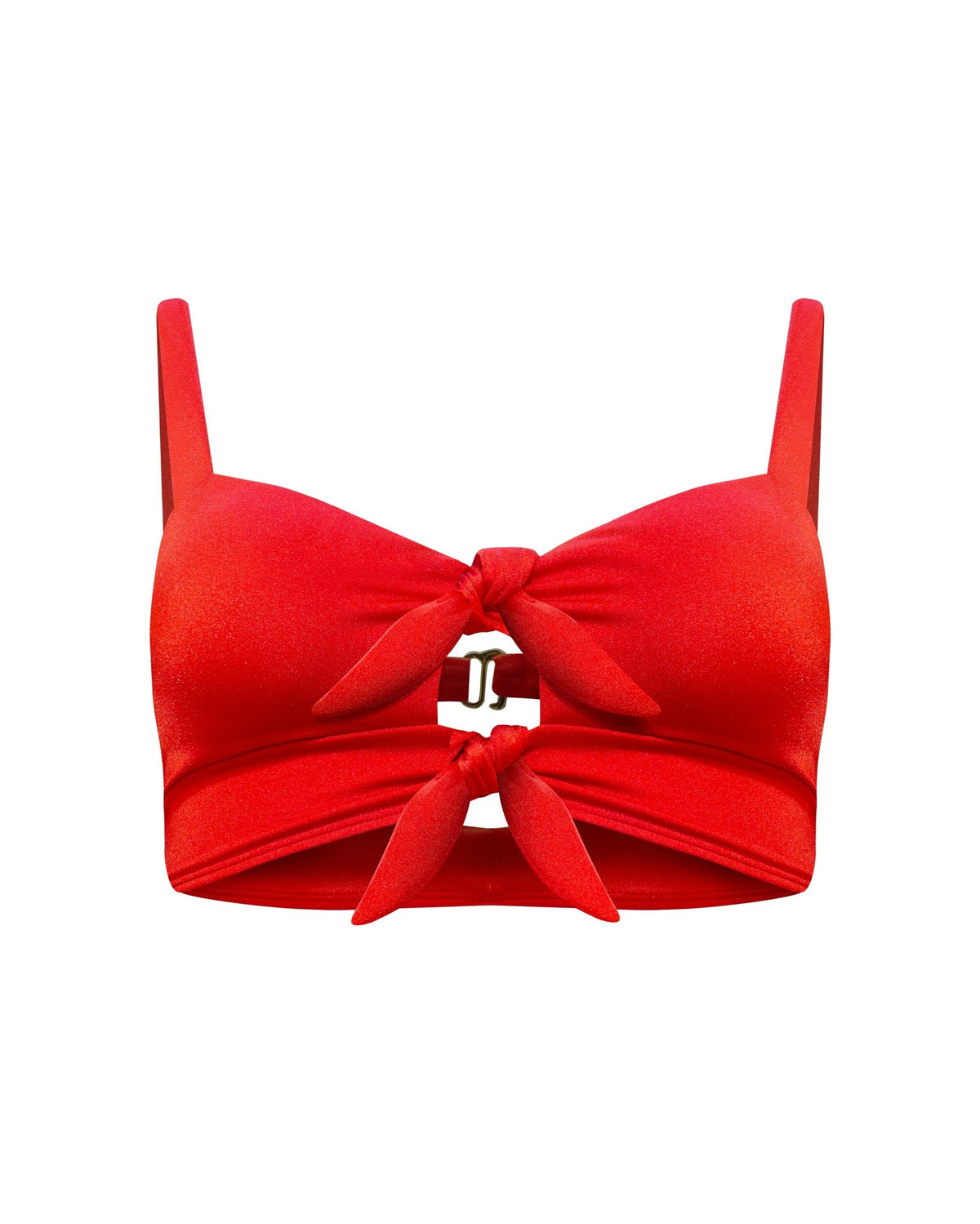 A bright red subtle shine bikini top with two front knot details and a keyhole opening with adjustable straps, removable padding, gold hardware, and two back straps, one fixed and one adjustable, with a cutout shown from the front view.