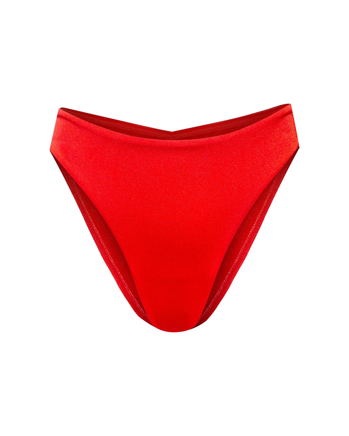 Bright red bikini cheeky bikini bottoms mid-rise, with gathered ruched fabric in seam showing the frontal view.