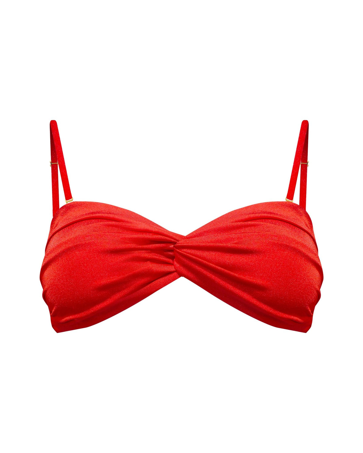 A bright red subtle shine strapless bandeau bikini top with a gathered, twisted front detail, removable padding, adjustable and removable straps, gold hardware, shown from the front.