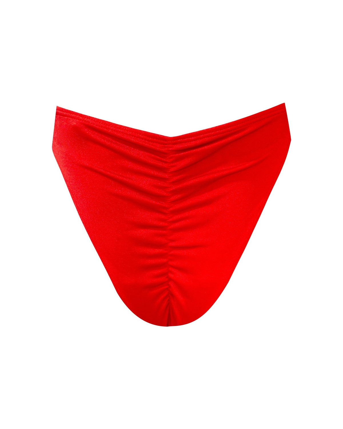 Bright red scrunch butt ruched cheeky bikini bottom French cut, and high-leg cut, backside view