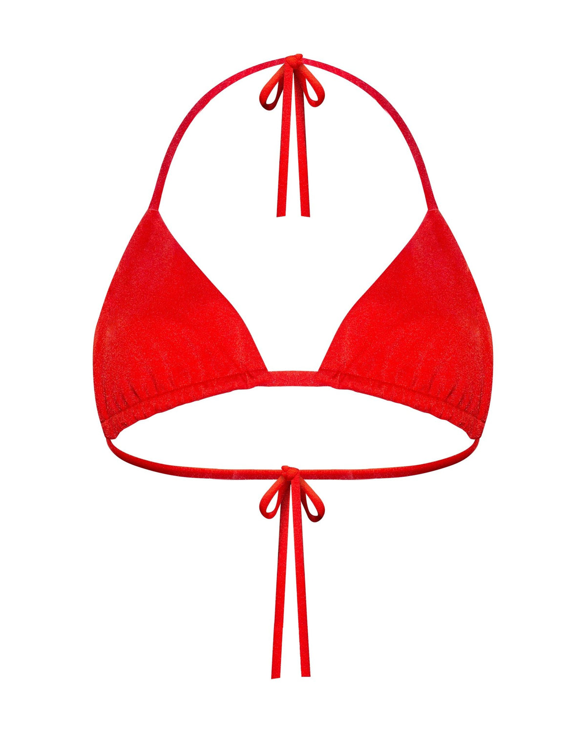 A bright red subtle shine halter string bikini triangle top with adjustable tie strings at the top of the neck and the underbust back band, shown frontal view.
