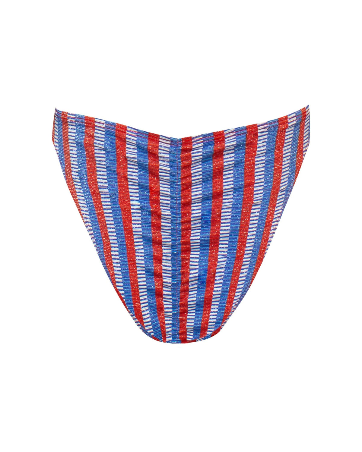 Cheeky bikini bottoms detailed with ruched seam on back with vertical stripes of red, white, and blue, with a little sliver shine perfect for 4th of July, Memorial Day, or Labor Day holiday.