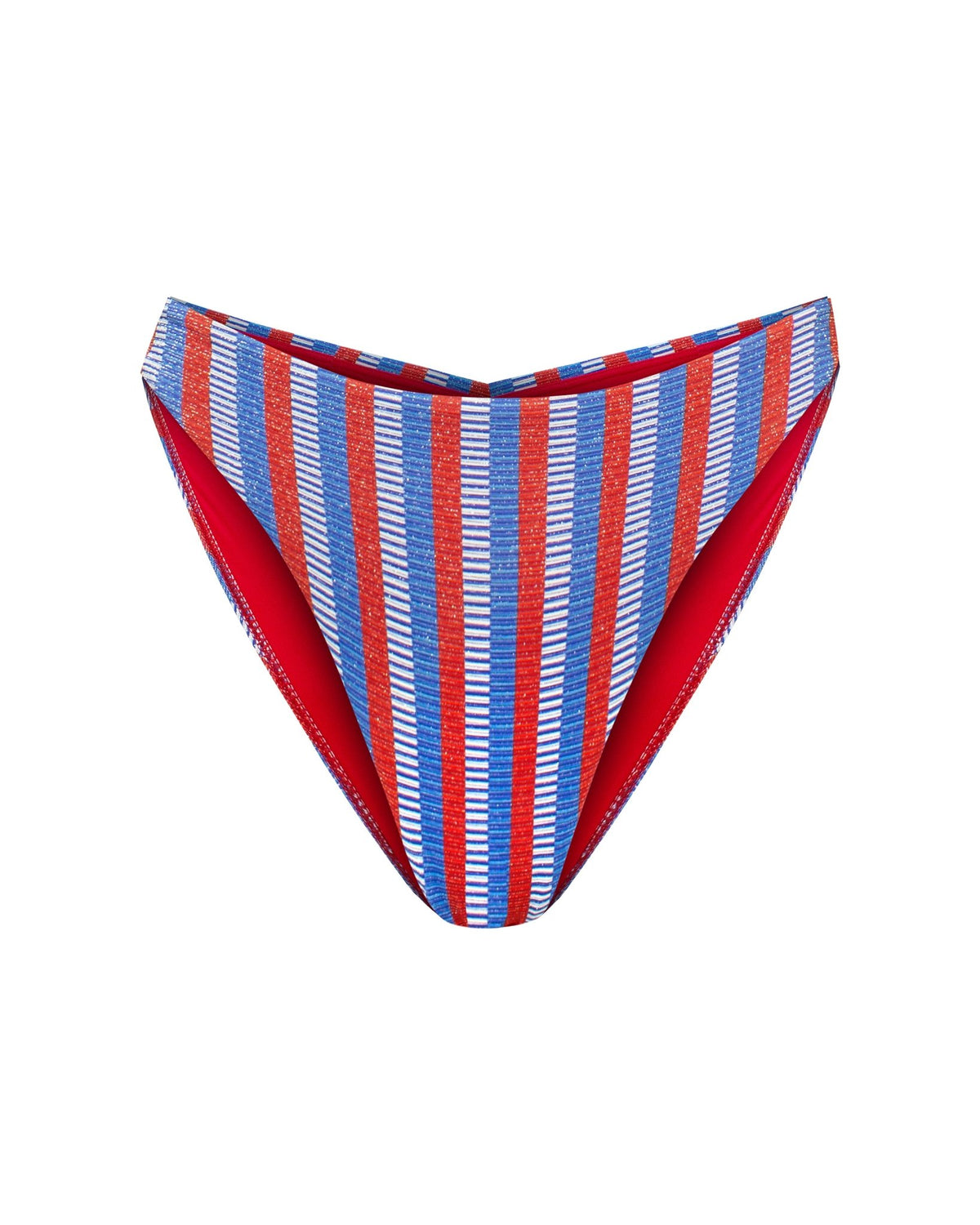 A pair of women's bikini bottoms featuring a vertical striped pattern of red, white, and blue shown in the frontal view with a mid-rise