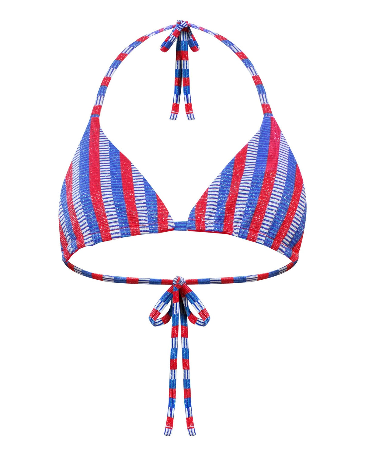 A vertically striped red, white, and blue halter-style string bikini triangle top with adjustable ties at the neck and back, shown front view. No padding and fully adjustable triangles and slight silver thread shine to material.