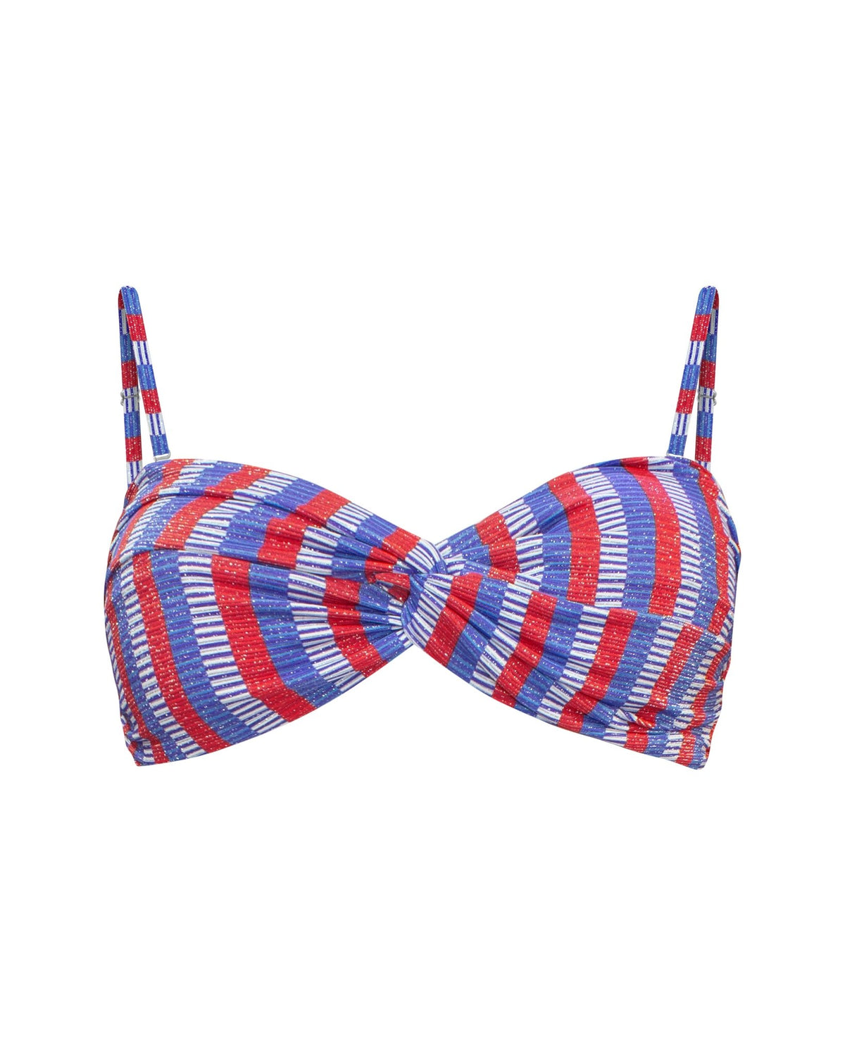 Women's strapless bandeau bikini top with a twisted front detail, silver hardware, adjustable and removable shoulder straps in a red, white, and blue vertically striped pattern, with removable pads, shown from the front.