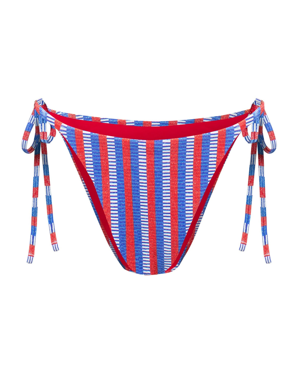 A cheeky string bikini cheeky high-rise bottom with adjustable side-ties in a red, white, and blue vertical stripe pattern with a slight sliver shine shown from the front.