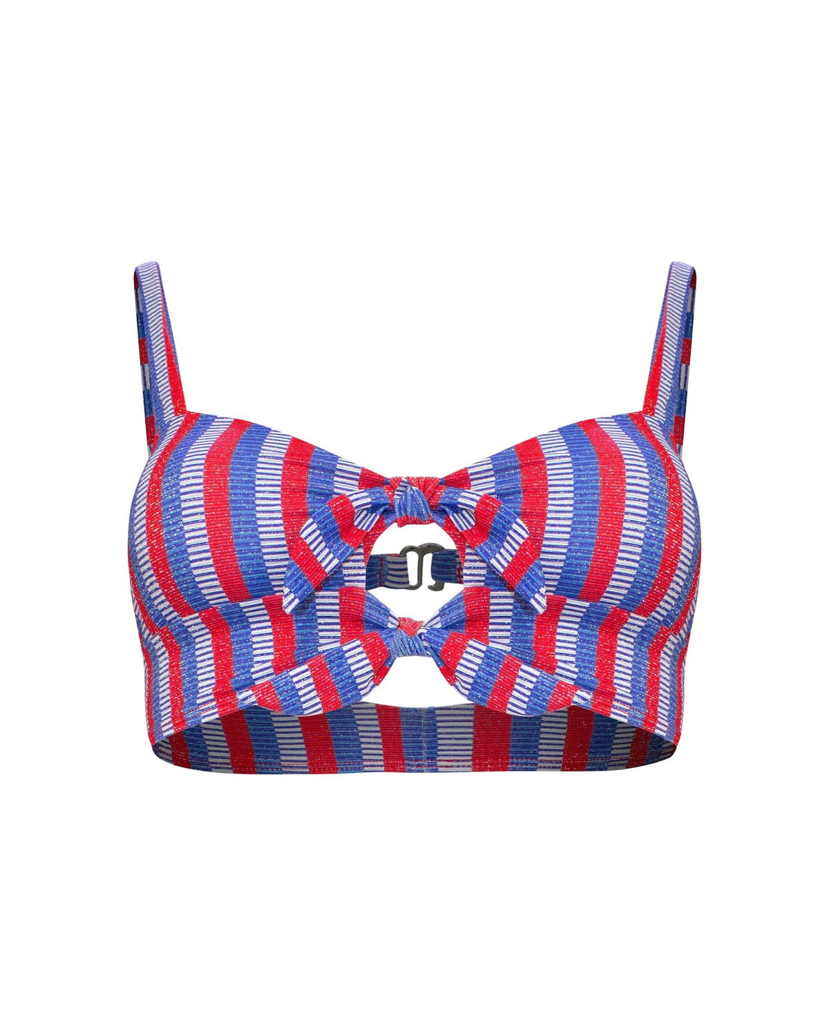 A women's bralette bikini top with a red, white, and blue USA holiday vertically striped pattern, featuring a front and back keyhole cutout, front center double knot tie details, with adjustable straps, removable padding, and two back straps, one fixed and the other adjustable with silver hardware.