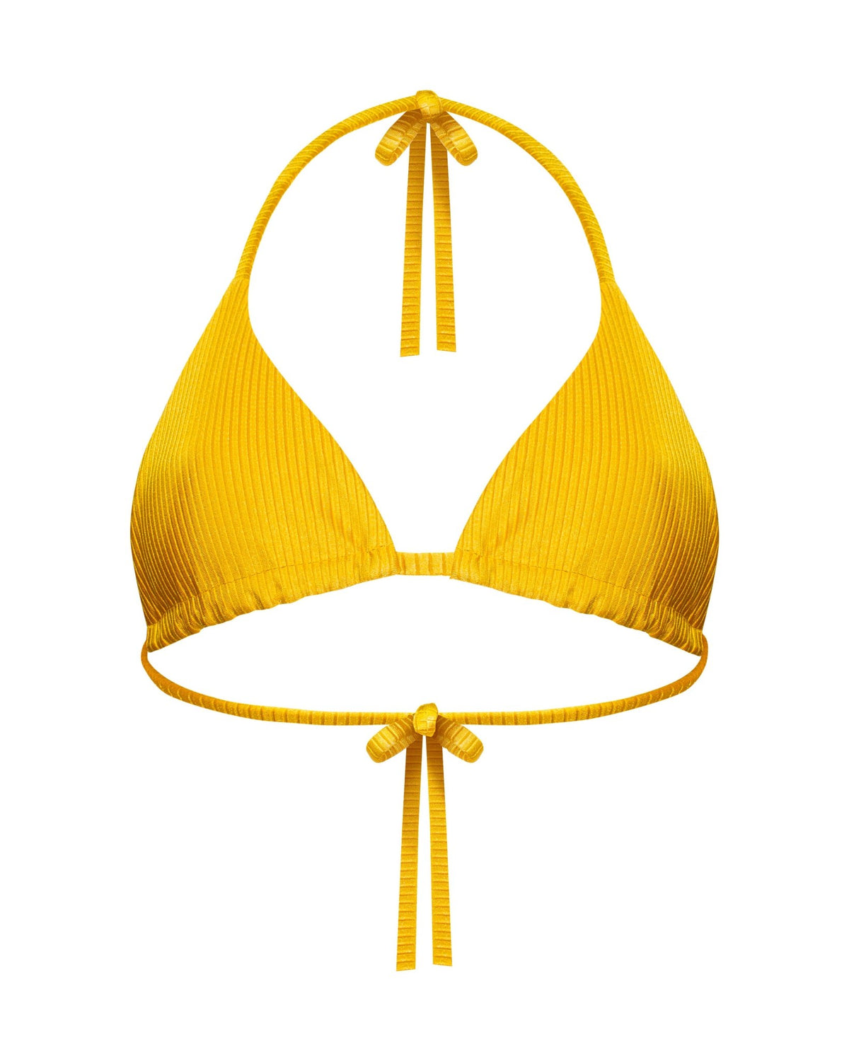 A saffron yellow gold ribbed texture halter-style string bikini triangle top with adjustable ties at the neck and back, shown front view.