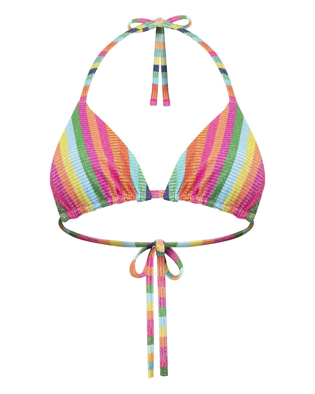 A vibrant pink, orange, blue, green, and yellow vertically striped halter-style string bikini triangle top with adjustable ties at the neck and back, shown front view. No padding and fully adjustable triangles.