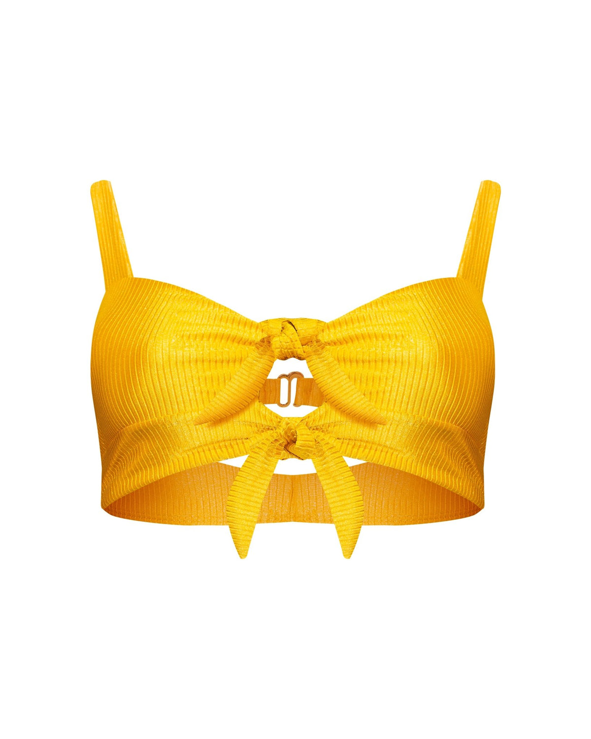 A saffron gold yellow ribbed bralette bikini top with a two front bow and tie detail, with gold hardware and two straps in the back, one fixed and one adjustable. Fully adjustable shoulder straps and removable padding; shown from the front.
