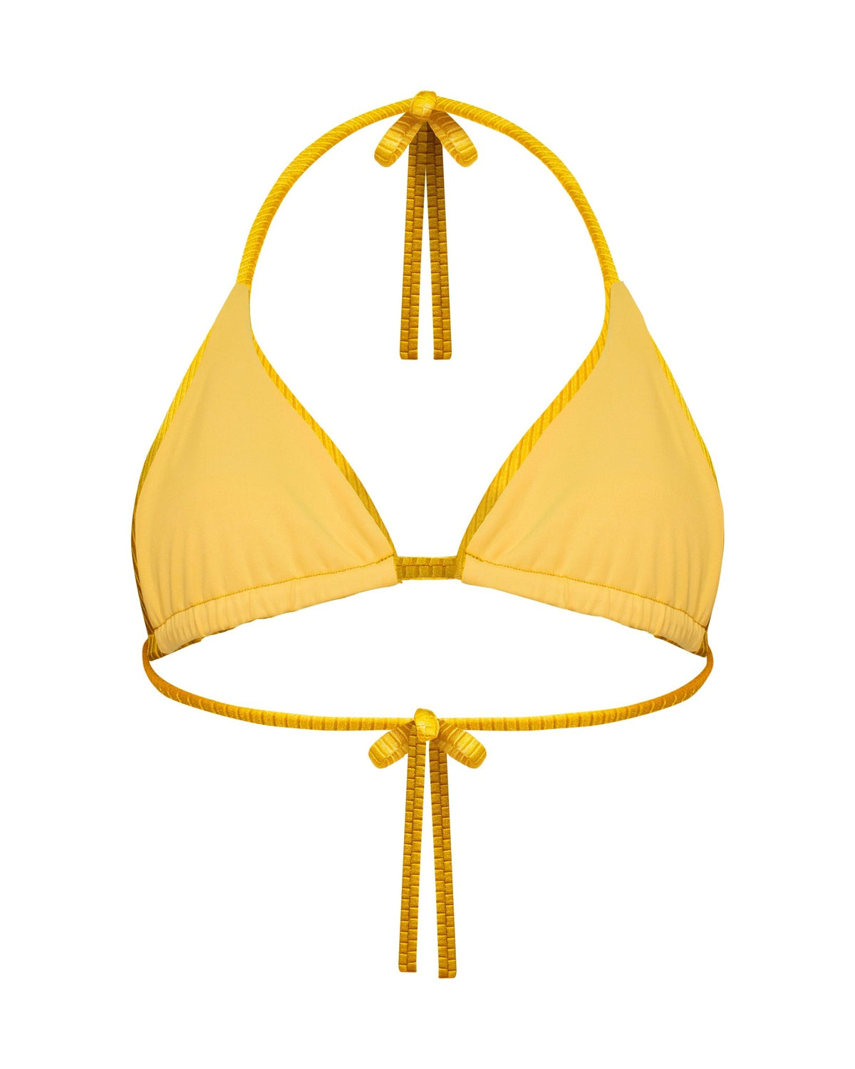A saffron yellow gold ribbed texture halter-style string bikini triangle top with adjustable ties at the neck and back, shown back view.