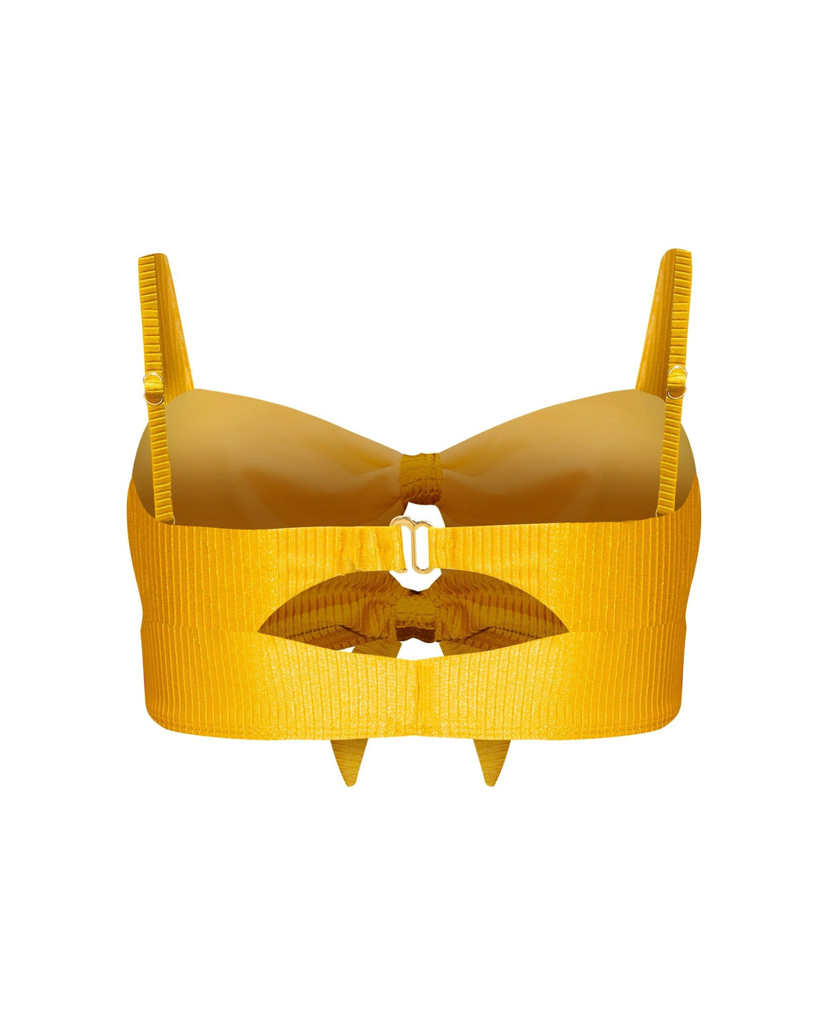 A saffron gold yellow ribbed bralette bikini top with a two front bow and tie detail, with gold hardware, keyhole cutouts in front and back, and two straps in the back, one fixed and one adjustable. Fully adjustable shoulder straps and removable padding; shown from the back.