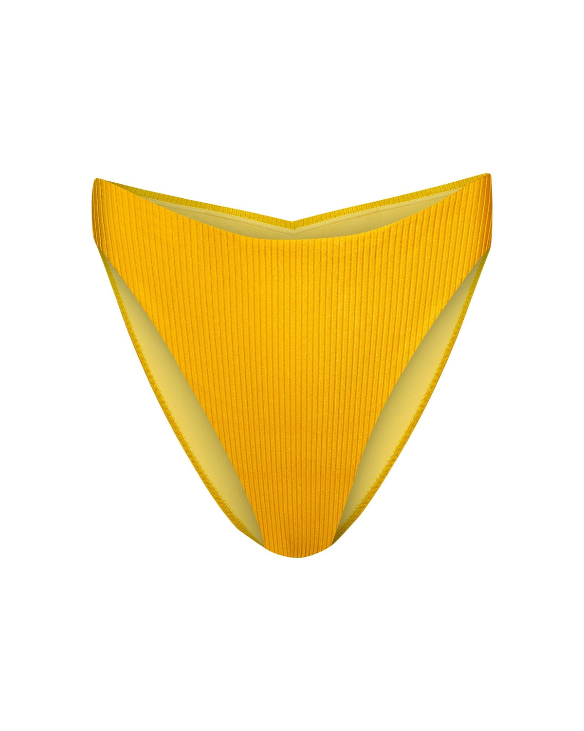 A bright mustard yellow gold cheeky bikini bottom shown from the front view with ribbed textured fabric, high-cut leg, and moderate front rise.