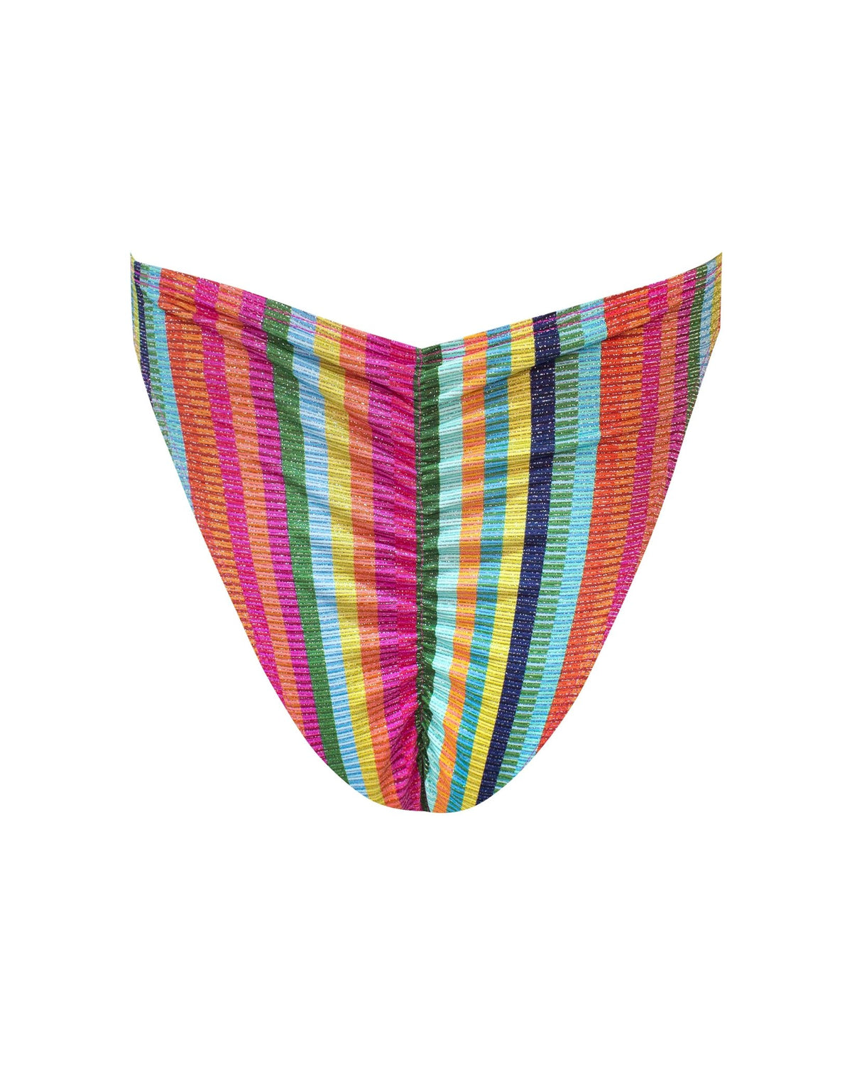 A rainbow cheeky ruched bikini bottom with a vibrant vertical striped pattern in pink, orange, yellow, green, and blue.