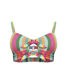 A colorful gemstone rainbow vertically striped bikini top with a double front knot detail, silver hardware, adjustable shoulder straps, removable padding, and two back straps both front and back with cutouts.