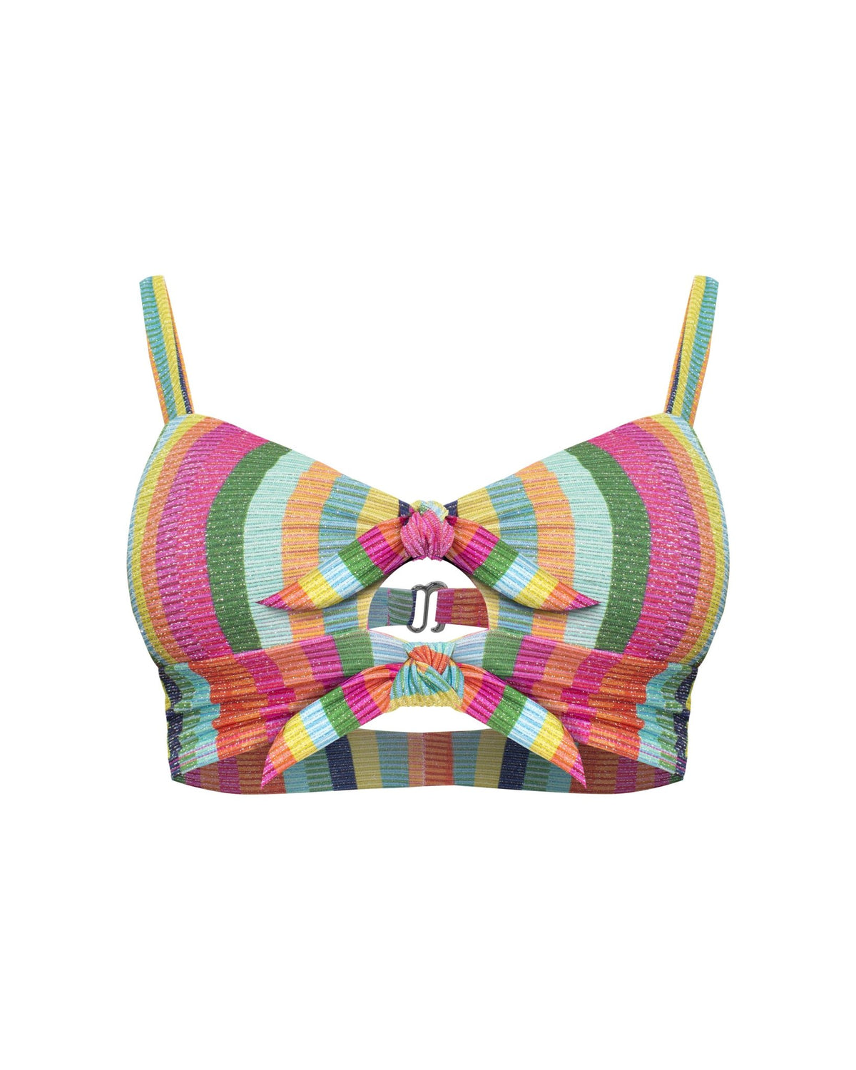 A colorful gemstone rainbow vertically striped bikini top with a double front knot detail, silver hardware, adjustable shoulder straps, removable padding, and two back straps both front and back with cutouts.