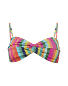 A colorful rainbow vertically striped strapless bandeau bikini top with a twisted front detail , removable pads, and thin adjustable and removable shoulder straps, shown from the front.