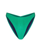 Emerald green cheeky bikini bottoms shown from the front with a navy blue interior liner and ribbed textured fabric with a shine to it and the back seam has ruched detailing.