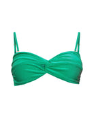 An emerald green ribbed bikini top with a twisted front detail and adjustable, removable thin shoulder straps, with gold hardware shown from the front.