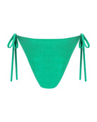 Emerald green string bikini cheeky high-waisted bottoms with a high-hip and adjustable side-ties shown in ribbed textured fabric with a subtle shine.