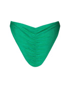 Emerald green cheeky bikini bottom with ruched detailing shown from behind