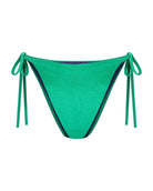 Emerald green string bikini bottoms with adjustable tie-sides, cheeky coverage, ribbed textured with shine fabric, a high-waist and high-hip, shown from the front.