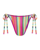 A high-rise, high-waisted cheeky string bikini bottom with adjustable side-ties in a vertical stripe print pattern in gemstone colors of blue, pink, orange, yellow, and green shown from the front.