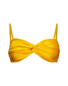 A mustard yellow gold ribbed bandeau bikini top with a twisted front detail and adjustable, removable thin shoulder straps, removable pads,  gold hardware, shown from the front.