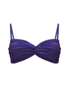 A navy blue ribbed with a sheen bandeau bikini top with a twisted center front and thin adjustable, removable shoulder straps, gold hardware, removable padding, shown from the front.