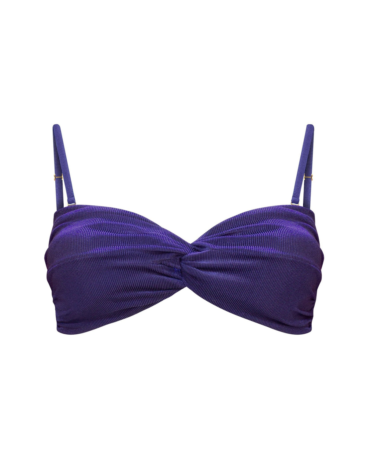 A navy blue ribbed with a sheen bandeau bikini top with a twisted center front and thin adjustable, removable shoulder straps, gold hardware, removable padding, shown from the front.
